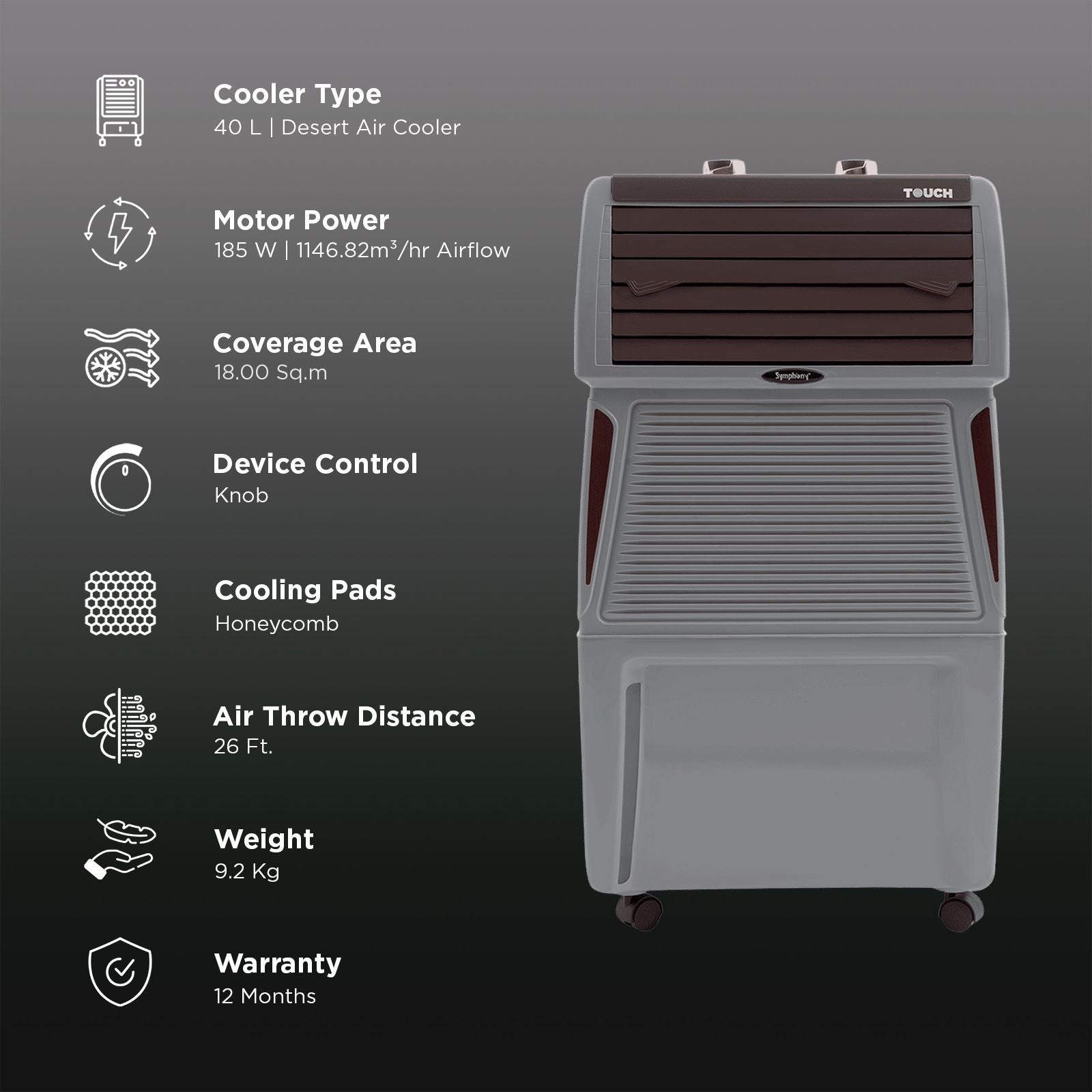 Symphony Touch 40 Room Air Cooler | High Efficiency Cooling | 185W | CFD Technology | 40L | Fully Closable Louvers | Manual Mode | Air Cooler with Wheels For Easy Mobility | White (TOUCH40)