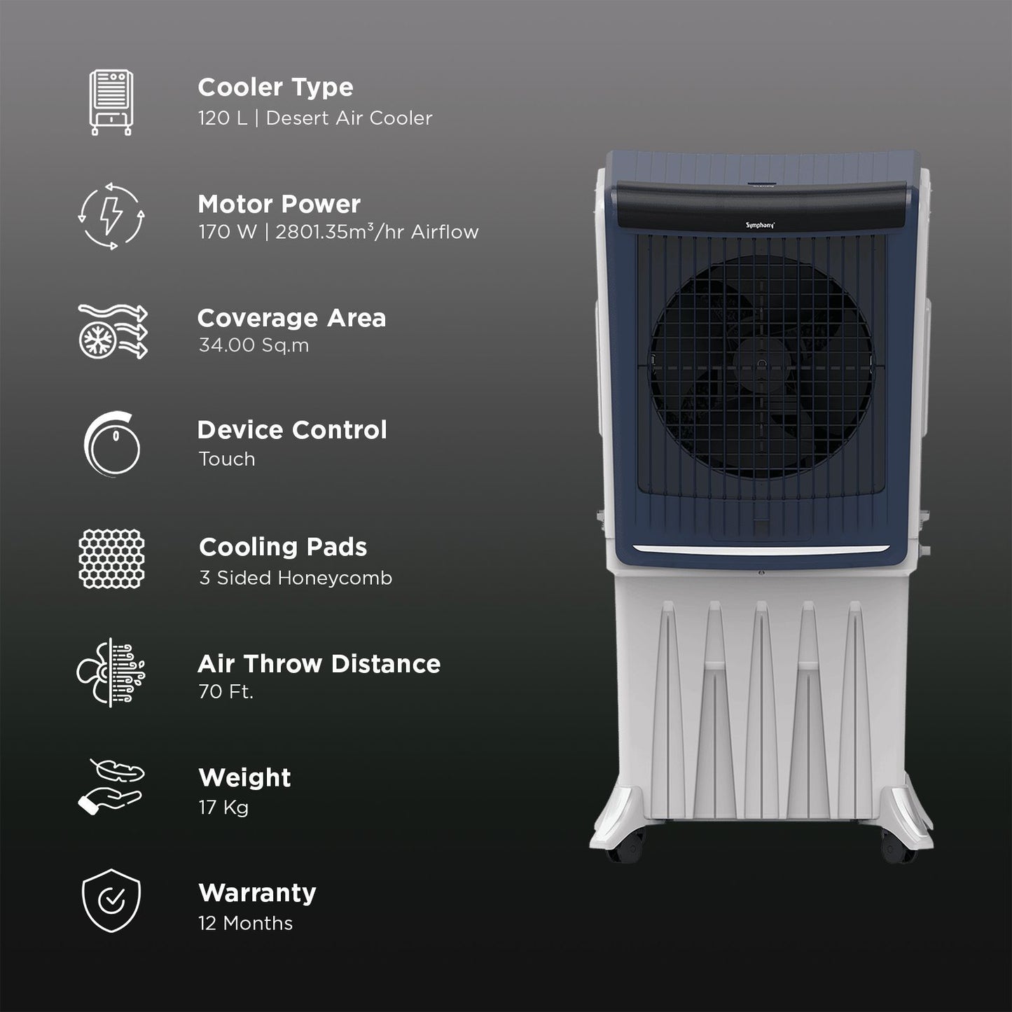 Symphony Silenzo 120i Desert Cooler | Super Silent Operation Powered by Owl Wing Fan | Honeycomb Pads | i-Pure+ Technology | CFD Technology | Remote & Touchscreen | (SILENZO120I)