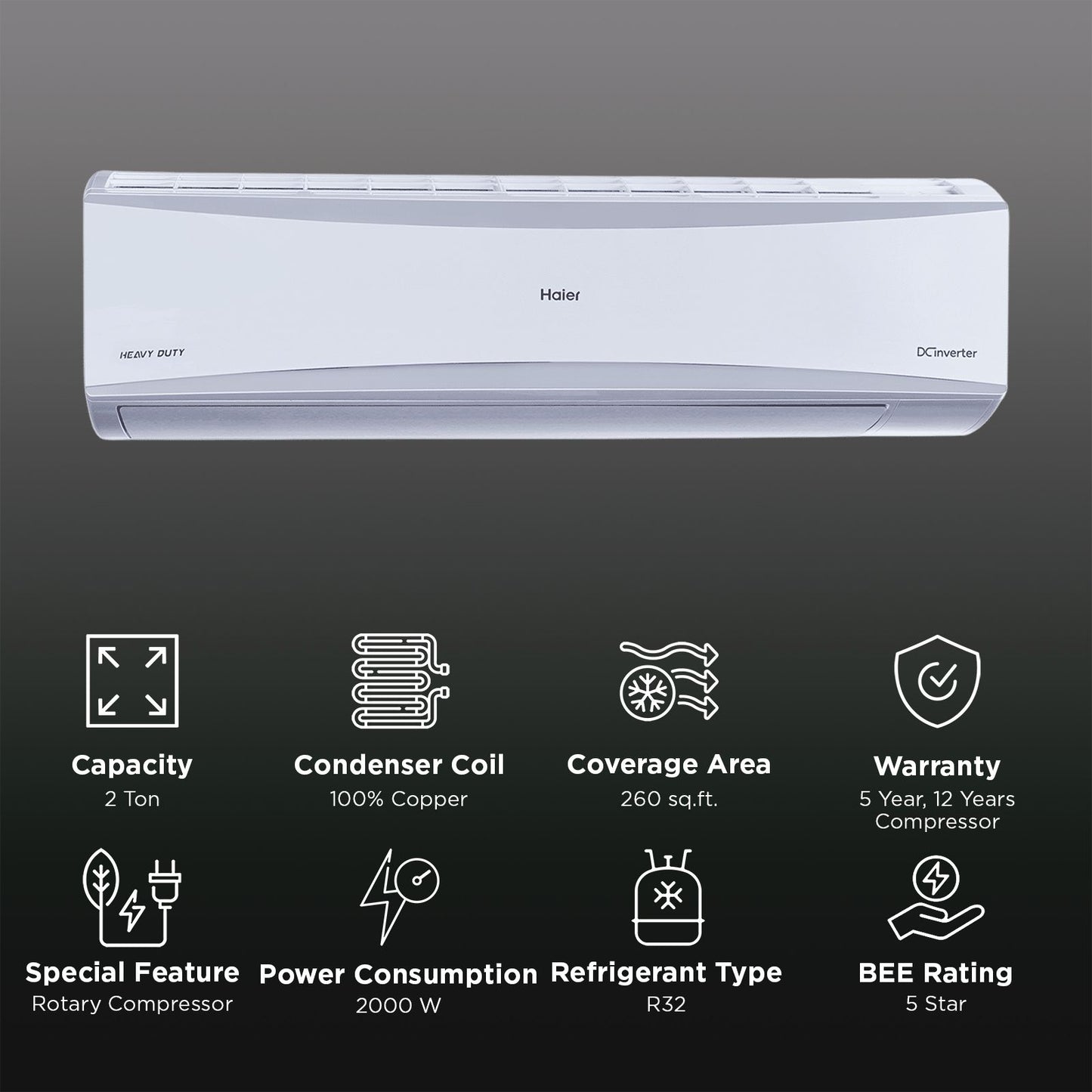 Haier Heavy Duty 2 Ton 5-Star Inverter Split AC - 5.05 ISEER, 100% Copper Heat Exchanger, R-32 Refrigerant, 6000W Full Cooling Capacity, Premium White Finish-(HS24HD-ANW5BN)