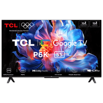 TCL 55-inch (139.7 cm ) 4K Ultra HD Smart Google TV with AiPQ Processor | HDR 10 | Dolby Audio | Game Master | 16GB Storage & 2GB RAM | Wi-Fi 5 & Bluetooth 5.2 | Google Assistant | Metallic Bezel-less Design-55P6K