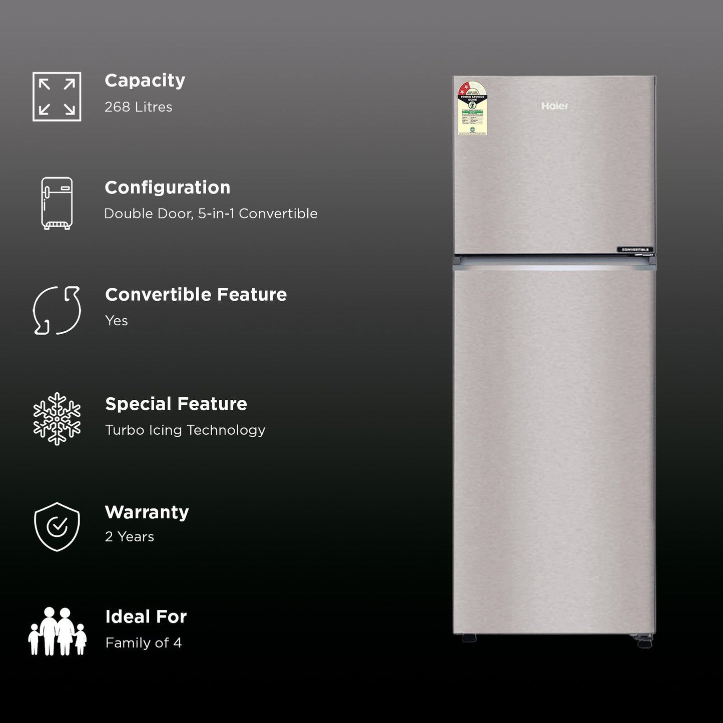 Haier 328 Litres 2 Star Frost Free Double Door Convertible Refrigerator with One Hour Icing Technology (HRF-3782BNSA-P, Nickel Steel)