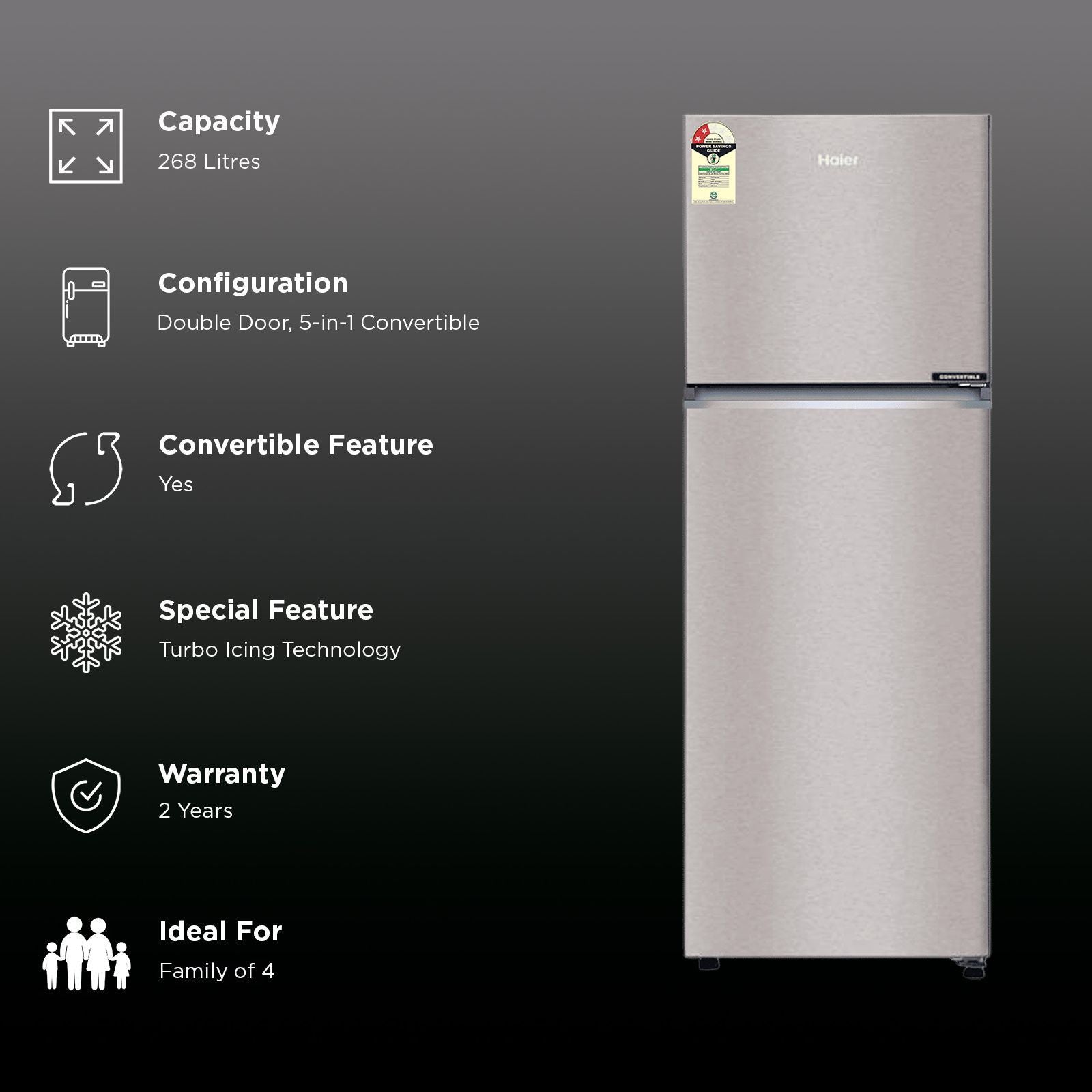 Haier 328 Litres 2 Star Frost Free Double Door Convertible Refrigerator with One Hour Icing Technology (HRF-3782BNSA-P, Nickel Steel)