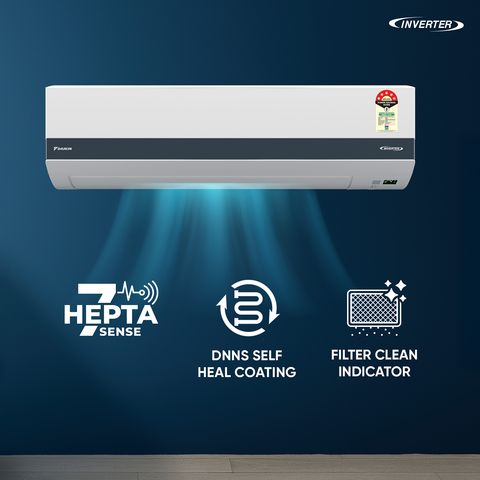 Daikin 1.5 Ton 5-Star Inverter Split AC (Copper Condenser, 5000W Cooling, 5.7 ISEER, 7 Hepta Sense, 4-Way Swing, R32 Refrigerant, PM 2.5 Filter, Dew Clean Tech, White)-ATKM50XV16MKB