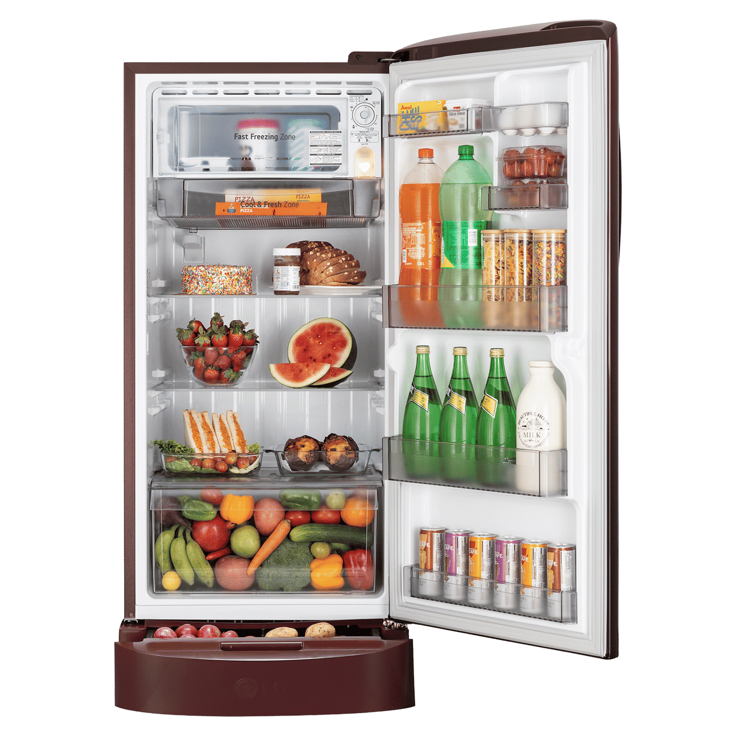 LG 224L 5-Star Smart Inverter Direct Cool Single Door Refrigerator – Base Stand Drawer, Toughened Glass Shelves, Stabilizer Free Operation, Anti-Bacterial Gasket, Anti-Rat Bite Protection, Annual 117 kWh Consumption-(GL-D2356ZAWS, Wine Spring)