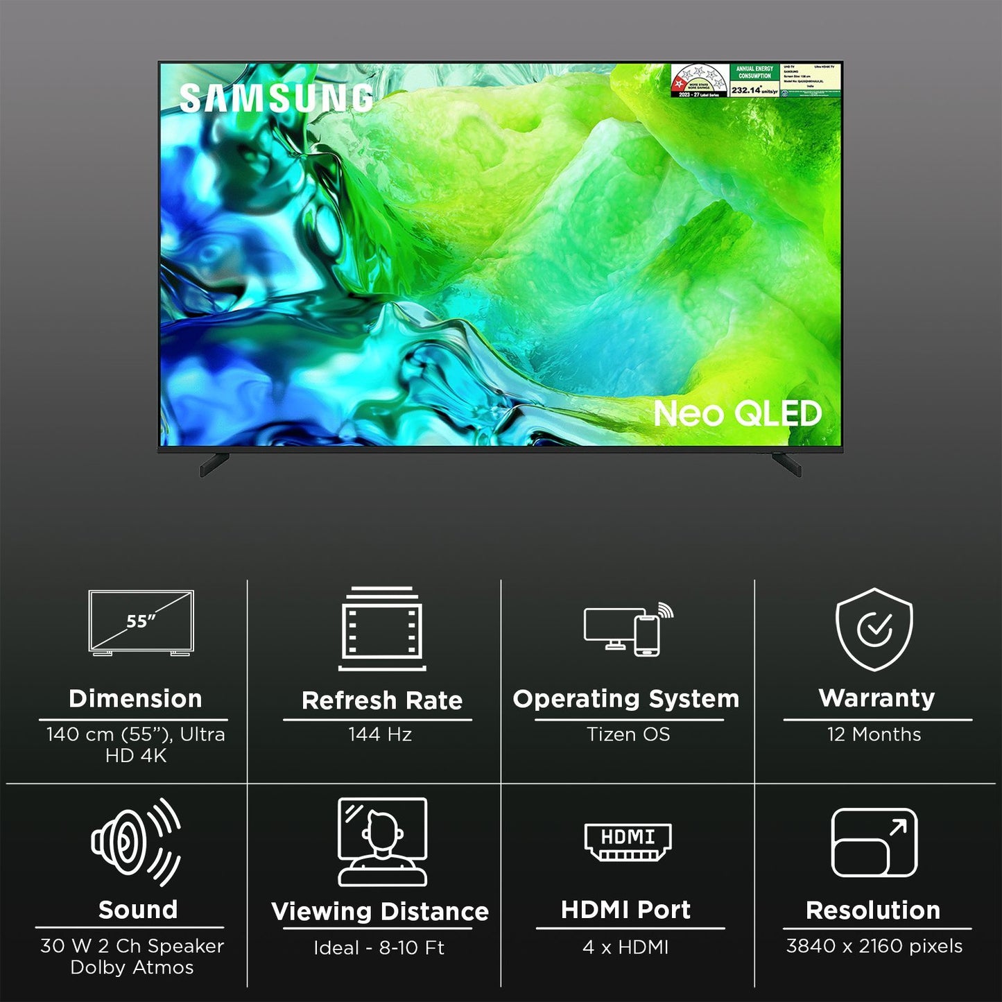 Samsung 138 cm (55 Inch) Neo QLED 4K UHD Mini LED Smart TV | Quantum Matrix Technology | Neo Quantum HDR+ | 4K AI Upscaling | Motion Xcelerator | Tizen OS | Voice Assistant Support | Dolby Atmos| 2026 Model - QA55QN80HAULXL