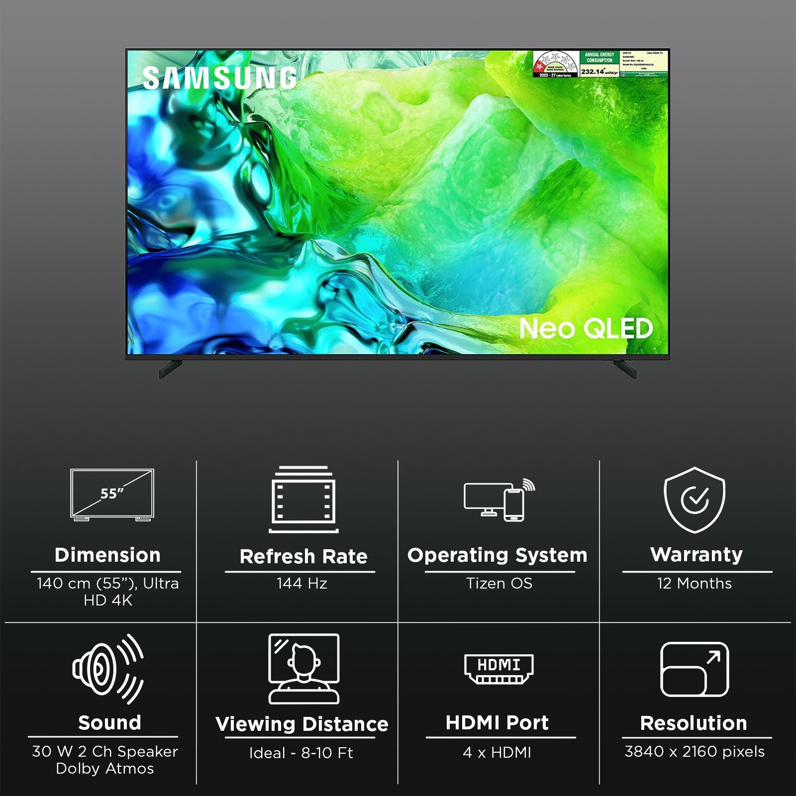 Samsung 138 cm (55 Inch) Neo QLED 4K UHD Mini LED Smart TV | Quantum Matrix Technology | Neo Quantum HDR+ | 4K AI Upscaling | Motion Xcelerator | Tizen OS | Voice Assistant Support | Dolby Atmos| 2026 Model - QA55QN80HAULXL