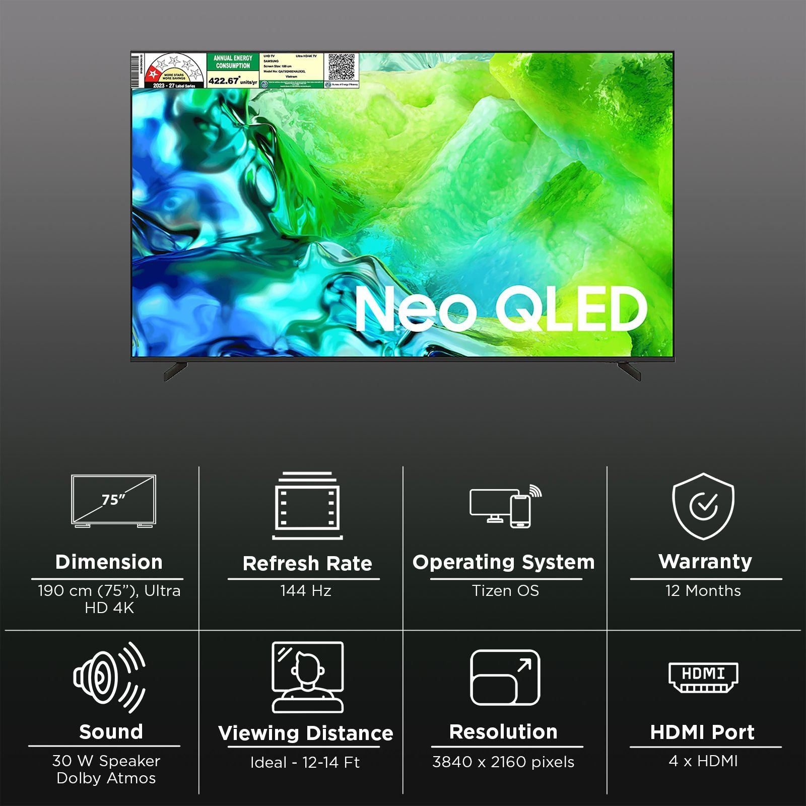 Samsung 189 cm (75 Inch) Neo QLED 4K UHD Mini LED Smart TV | Quantum Matrix Technology | Neo Quantum HDR+ | 4K AI Upscaling | Motion Xcelerator | Tizen OS | Voice Assistant Support | Dolby Atmos| 2026 Model - QA75QN80HAUXXL