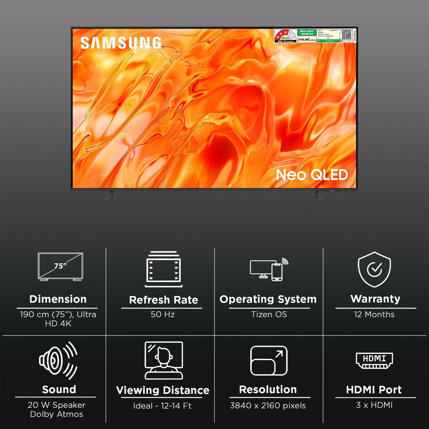 Samsung  189 cm (75 Inch) Neo QLED 4K UHD Mini LED Smart TV | Quantum Matrix Technology | Neo Quantum HDR | 4K AI Upscaling | Motion Xcelerator | Tizen OS | Voice Assistant Support | 2026 Model - QA75QN70HAULXL