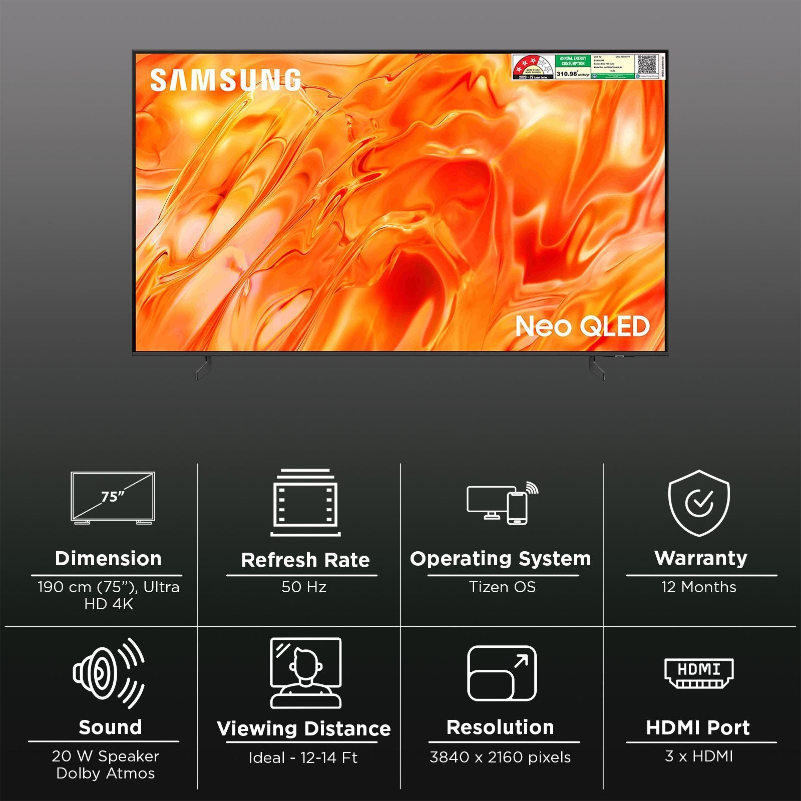 Samsung  189 cm (75 Inch) Neo QLED 4K UHD Mini LED Smart TV | Quantum Matrix Technology | Neo Quantum HDR | 4K AI Upscaling | Motion Xcelerator | Tizen OS | Voice Assistant Support | 2026 Model - QA75QN70HAULXL
