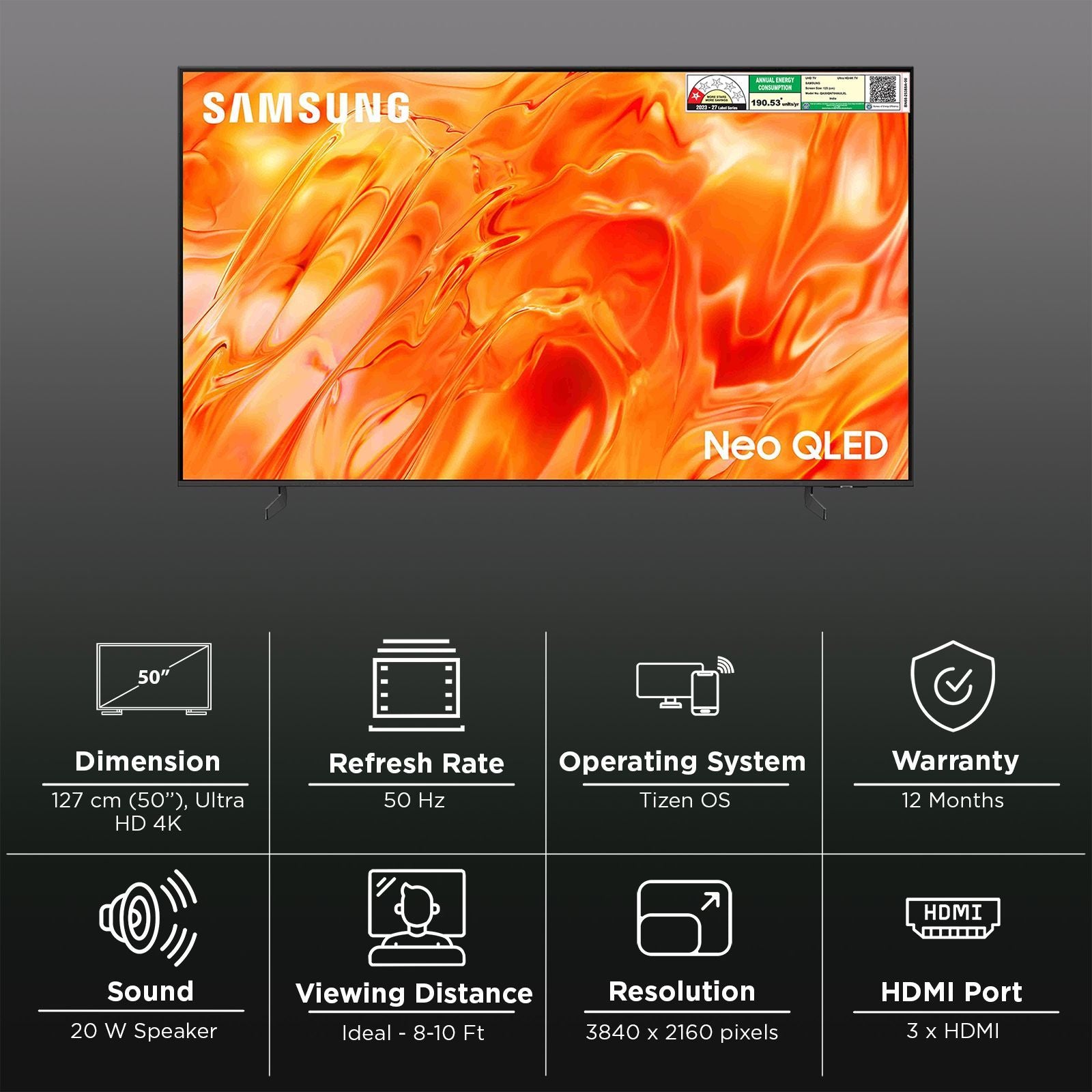 Samsung  125 cm (50 Inch) Neo QLED 4K UHD Mini LED Smart TV | Quantum Matrix Technology | Neo Quantum HDR | 4K AI Upscaling | Motion Xcelerator | Tizen OS | Voice Assistant Support | 2026 Model - QA50QN70HAULXL