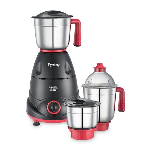 Prestige Regal 750W Mixer Grinder with 3 Stainless Steel Jars | Appealing Black and Red Design | Durable ABS Plastic Body | 230V | Efficient Grinding Solution for Modern Kitchens-Model: 42568