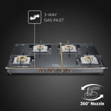 Prestige Vectra 4 Burner Glasstop Gas Stove|Superior Toughened Glass|Jumbo Brass Burner|3-Way Gas Inlet|360 Degree Revolving Nozzle -40591