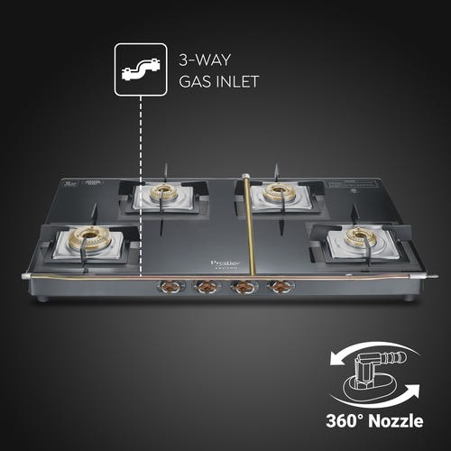 Prestige Vectra 4 Burner Glasstop Gas Stove|Superior Toughened Glass|Jumbo Brass Burner|3-Way Gas Inlet|360 Degree Revolving Nozzle -40591