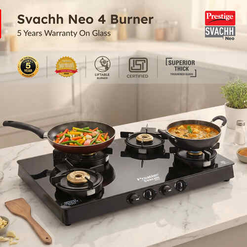 Prestige Svachh Neo Gtsn 04 L Toughened Glasstop Gas Stove with Liftable 4 Burners (Black), Open-40385