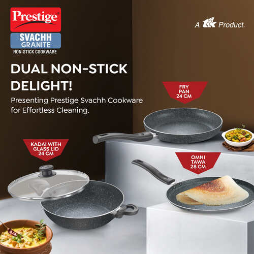 Prestige Svachh Granite Non-Stick 3-Piece Cookware Set (Omni Tawa 28cm, Kadai with Glass Lid 24cm, Fry Pan 24cm) Dual Non-Stick Coating, Metal Spoon Friendly, Gas & Induction Compatible, Aluminum, Induction Base, Made in India, Grey