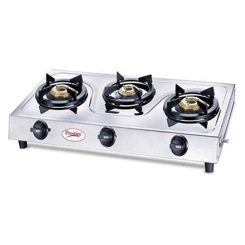 Prestige Prime Stainless Steel Gas Stove | 3 High-Efficiency Brass Burners | ISI Certified | Manual Ignition | Heavy Gauge Stainless Steel Body | Spill-Proof Design | Tri-Pin Burners | Silver -40212