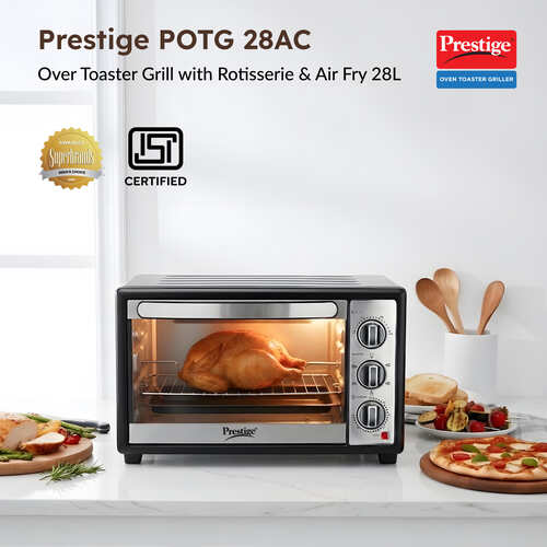 Prestige Oven Toaster Griller 28L with Rotisserie & Convection (POTG 28AC) | Stainless Steel Built-in OTG | 5 Function Controls, Airfry & 60-Min Timer | Non-Induction Base-42342