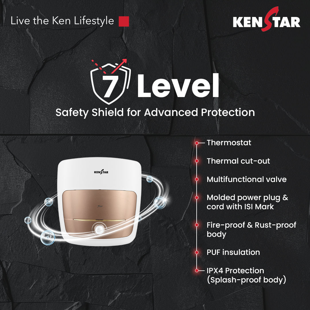 KENSTAR Flux 10L Storage Water Heater (Geyser) with German Blue Sapphire Technology | 8 Bar Pressure | SwirlHeat for 20% More Hot Water | PUF Insulation & 7-Level Safety Shield | Vertical Mount