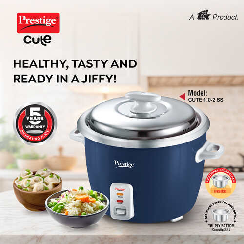 Prestige Cute 1.0-2 SS 400W Electric Rice Cooker | 2.4L Capacity | Durable Stainless Steel Cooking Pan with Triple Bottom | Includes Additional Stackable Pan & Close Fit SS Lid | Automatic Keep Warm Function | Cool Touch Handles-41059