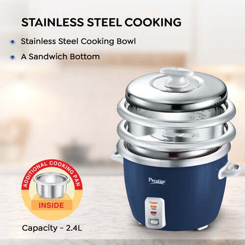 Prestige Cute 1.0-2 SS 400W Electric Rice Cooker | 2.4L Capacity | Durable Stainless Steel Cooking Pan with Triple Bottom | Includes Additional Stackable Pan & Close Fit SS Lid | Automatic Keep Warm Function | Cool Touch Handles-41059