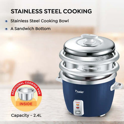Prestige Cute 1.0-2 SS 400W Electric Rice Cooker | 2.4L Capacity | Durable Stainless Steel Cooking Pan with Triple Bottom | Includes Additional Stackable Pan & Close Fit SS Lid | Automatic Keep Warm Function | Cool Touch Handles-41059