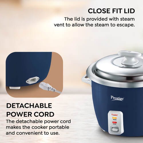 Prestige Cute 1.0-2 SS 400W Electric Rice Cooker | 2.4L Capacity | Durable Stainless Steel Cooking Pan with Triple Bottom | Includes Additional Stackable Pan & Close Fit SS Lid | Automatic Keep Warm Function | Cool Touch Handles-41059