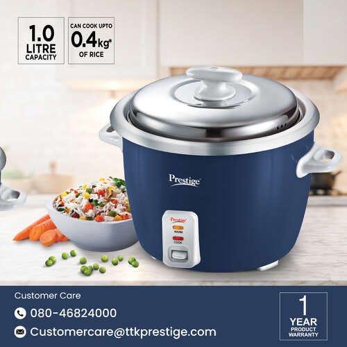 Prestige Cute 1.0-2 SS 400W Electric Rice Cooker | 2.4L Capacity | Durable Stainless Steel Cooking Pan with Triple Bottom | Includes Additional Stackable Pan & Close Fit SS Lid | Automatic Keep Warm Function | Cool Touch Handles-41059