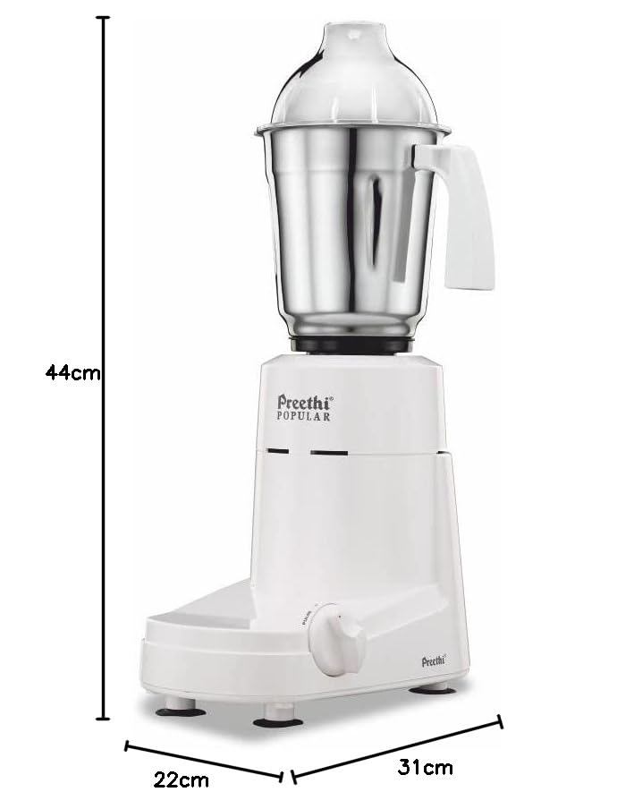Preethi Popular (MG 142) 750W Mixer Grinder - White, 3 Stainless Steel Jars, 1.75L Liquidizing Capacity, Shock Resistant ABS Body, 20000 RPM Motor, Includes Super Extractor & Multi-Function Blades for Grinding, Blending, Juicing & Mincing-MG 142