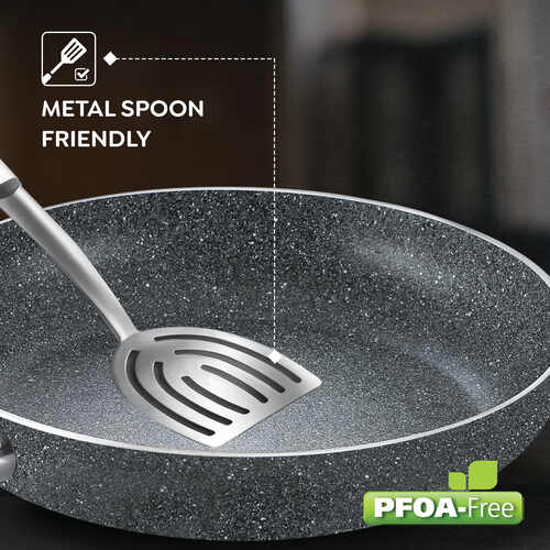 Prestige Svachh Granite Non-Stick 3-Piece Cookware Set (Omni Tawa 28cm, Kadai with Glass Lid 24cm, Fry Pan 24cm) Dual Non-Stick Coating, Metal Spoon Friendly, Gas & Induction Compatible, Aluminum, Induction Base, Made in India, Grey