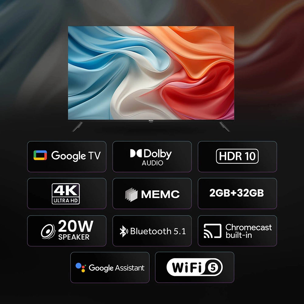 Haier 109.22 cm 43-inch 4K Ultra HD Smart LED TV | Google TV OS | HDR10 & HLG | Dolby Audio | Built-in Chromecast | 32GB Storage & 2GB RAM | MEMC |  3 HDMI & 2 USB Ports | Google Assistant Supported | Flat Panel Design- 43A9UG