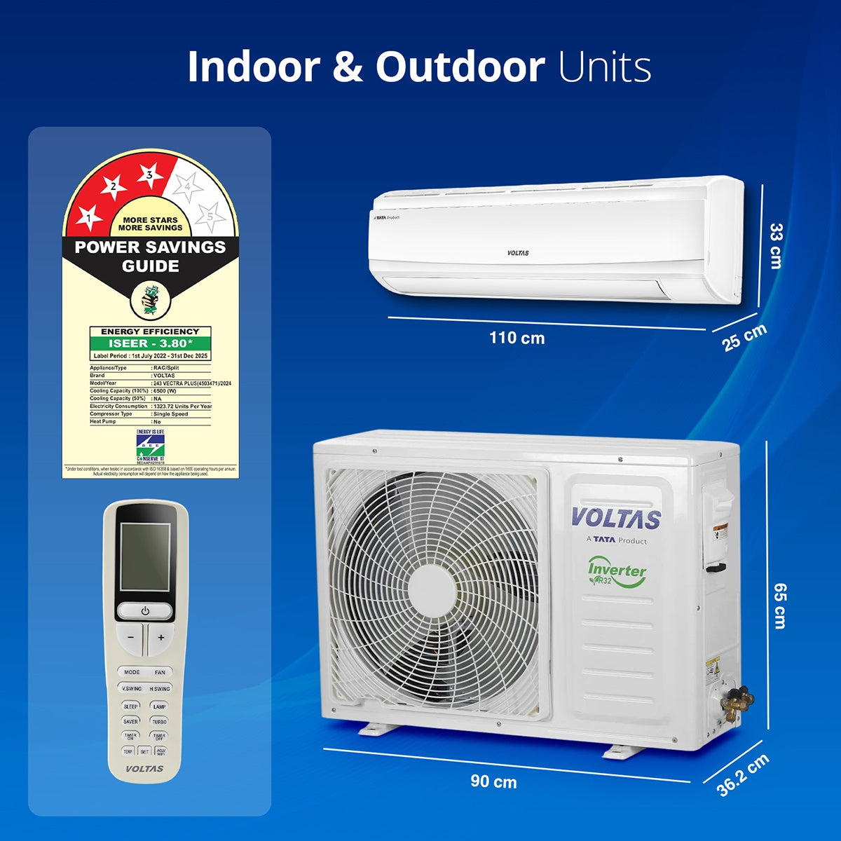 Voltas 2 Ton 3 Star Vectra Plus Split Air Conditioner (243 Vectra Plus, Copper Condenser, 200 Sq. Ft. Coverage, R32 Refrigerant, Anti-Dust & Antimicrobial Filter, Active Dehumidifier, High Ambient Instant Cooling, White)-4553310