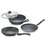 Prestige Svachh Granite Non-Stick 3-Piece Cookware Set (Omni Tawa 28cm, Kadai with Glass Lid 24cm, Fry Pan 24cm) Dual Non-Stick Coating, Metal Spoon Friendly, Gas & Induction Compatible, Aluminum, Induction Base, Made in India, Grey