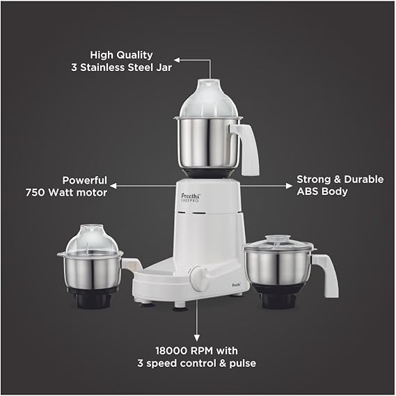 Preethi Eco Plus Mixer Grinder for Kitchen|750 Watt Mixie, 4 jars|Super Extractor juicer Jar| White (MG 157) -PRE5781571