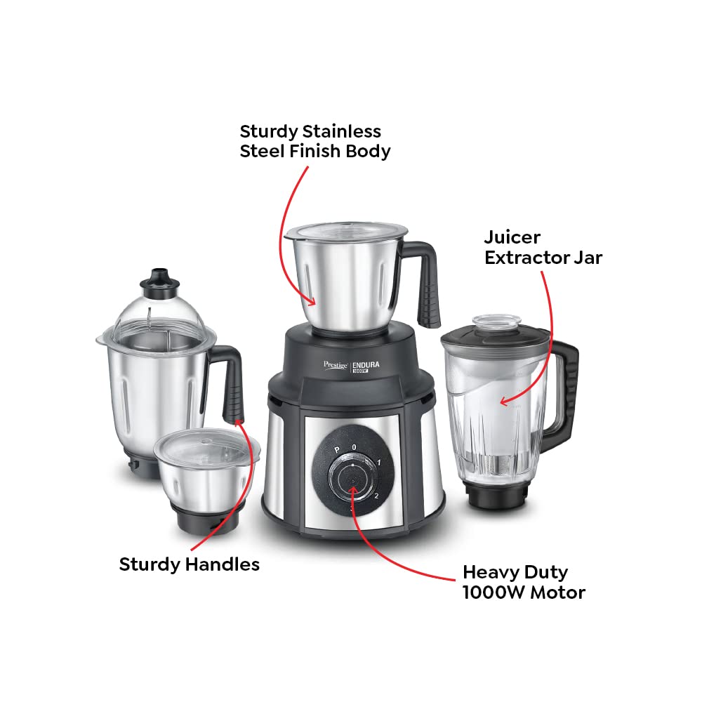 Prestige Endura 1000 W Juicer Mixer Grinder  (mixer | 4 Jars | Black, Silver)-42545
