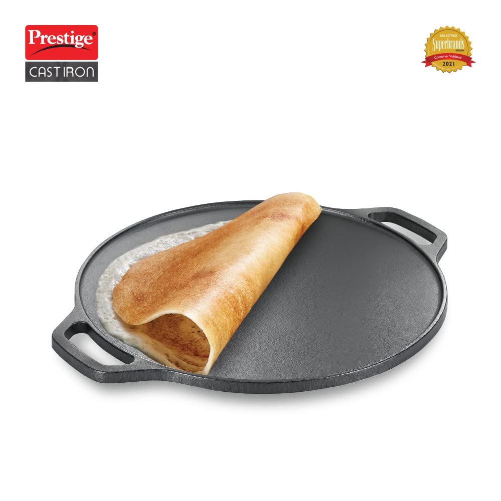 Prestige 30cm Cast Iron Round Base Dosa Tawa, Scratch Resistant, Induction Compatible, Naturally Non-Stick Heavy Duty Tawa, Perfect for Crispy Dosas, Rotis, and Pan-Searing- (30557, Black)