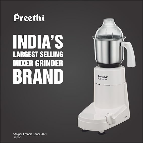 Preethi Eco Plus Mixer Grinder for Kitchen|750 Watt Mixie, 4 jars|Super Extractor juicer Jar| White (MG 157) -PRE5781571