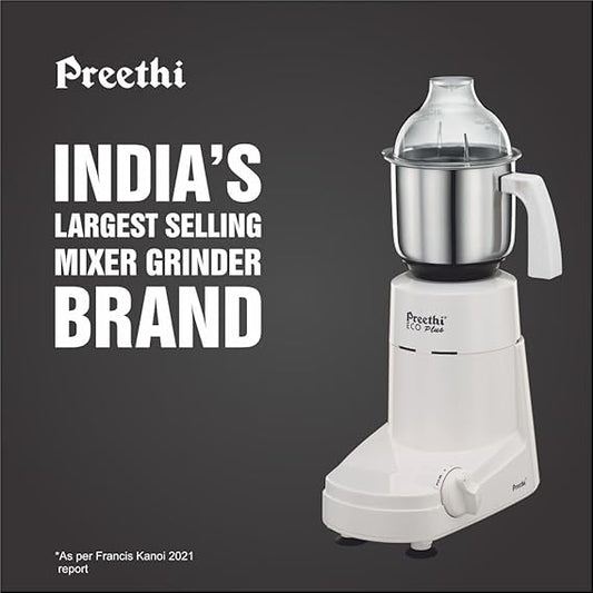 Preethi Eco Plus Mixer Grinder for Kitchen|750 Watt Mixie, 4 jars|Super Extractor juicer Jar| 2 Year Product Warranty| White (MG 157) -PRE5781571