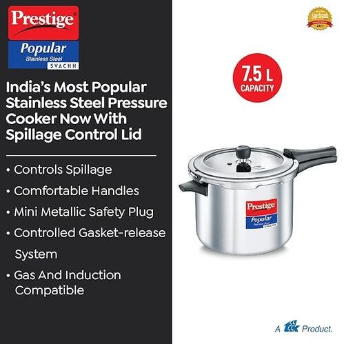 Prestige Popular Svachh Stainless Steel Pressure Cooker, 7.5 Litre - Spillage Control Outer Lid, Durable SS Body, Model: 20174 (Non-Induction Base)