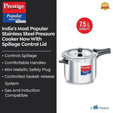 Prestige Popular Svachh Stainless Steel Pressure Cooker, 7.5 Litre - Spillage Control Outer Lid, Durable SS Body, Model: 20174 (Non-Induction Base)