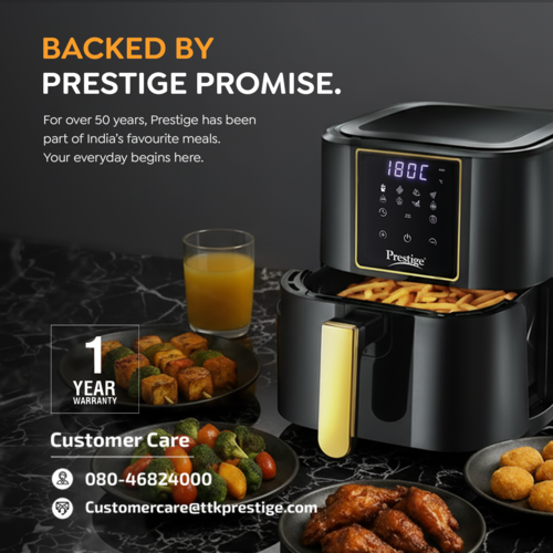 Prestige Nutrifry 4.5L Digital Electric Air Fryer (1200 Watts) | 80% Less Oil Consumption for Healthy Cooking | Durable ABS Plastic Body, Non-Induction Base | Compact 33cm Design | Model: Nutrifry 4.5 L-41411