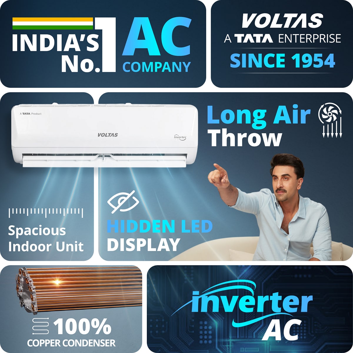 Voltas 1 Ton 3-Star Inverter Split AC (123INV VECTRA EMERALD, Max 3326W Cooling, Convertible 5-in-1, Anti-Dust Filter with Anti-Microbial Coating, Auto Clean, Sleep Mode, R-32 Refrigerant, Max 52°C Ambient Temperature, White)