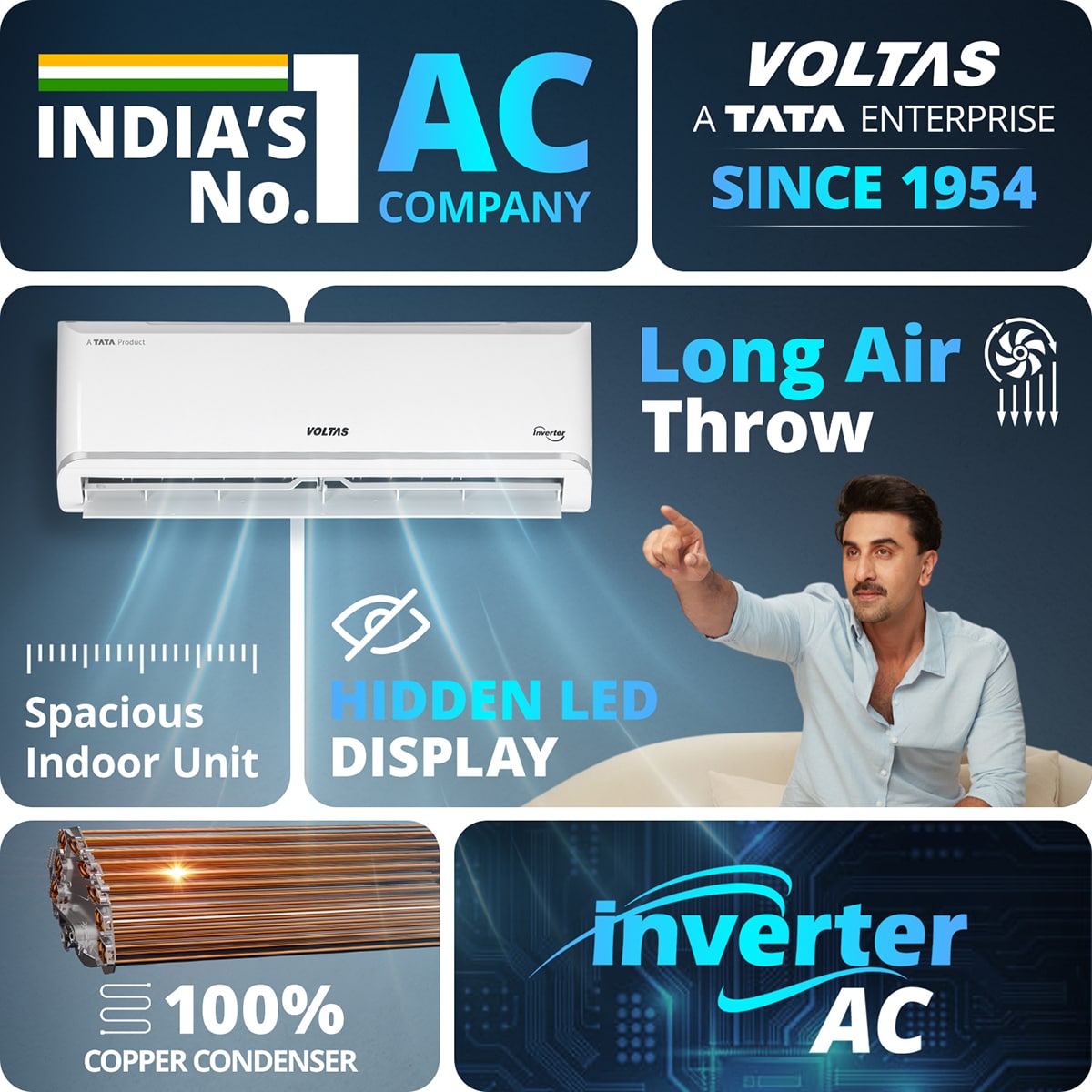 Voltas 1.5 Ton 3 Star Inverter Split AC (183V Vectra Zen Silver, White) | 4-Step Adjustable Mode (0.7/1/1.2/1.5) | Anti-Microbial Air Filtration | 100% Copper | Stabilizer Free (110V - 285V) | Max Cooling 5200W | Self Diagnosis | R32