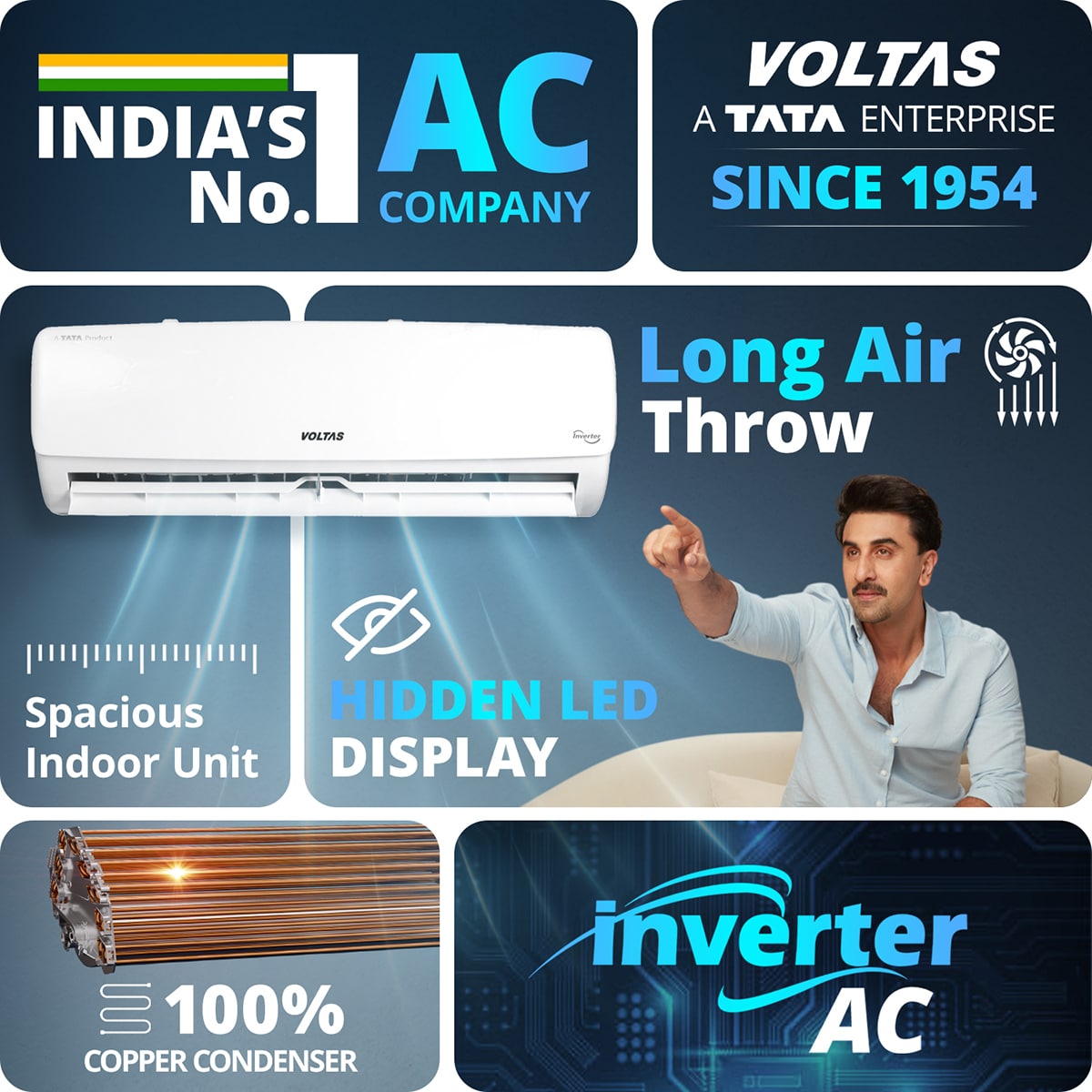 Voltas 2 Ton 5 Star Adjustable Inverter Split AC (245V Vectra Plush,100% Copper, Multi Adjustable Mode, Anti-Microbial Air Filtration, High Ambient Cooling, Turbo Cooling, Sleep Mode, Eco-Friendly R32, White)