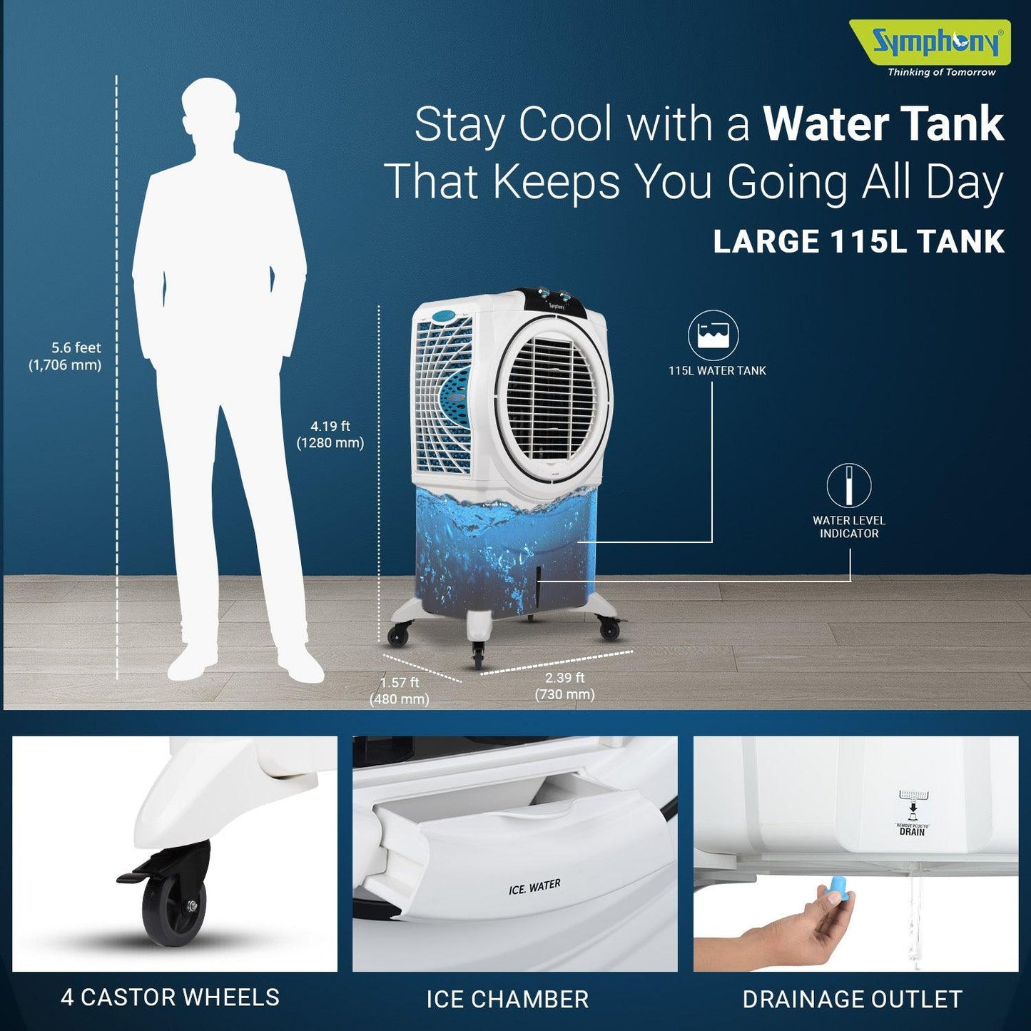Symphony Sumo 115 XL Desert Air Cooler - 115L Capacity, High-Efficiency Honeycomb Cooling, Powerful +Air Fan, i-Pure Technology, 195W Low Power Consumption, Multi-Directional Wheels, Ideal for Rooms up to 40 sq. m (430 sq. ft)