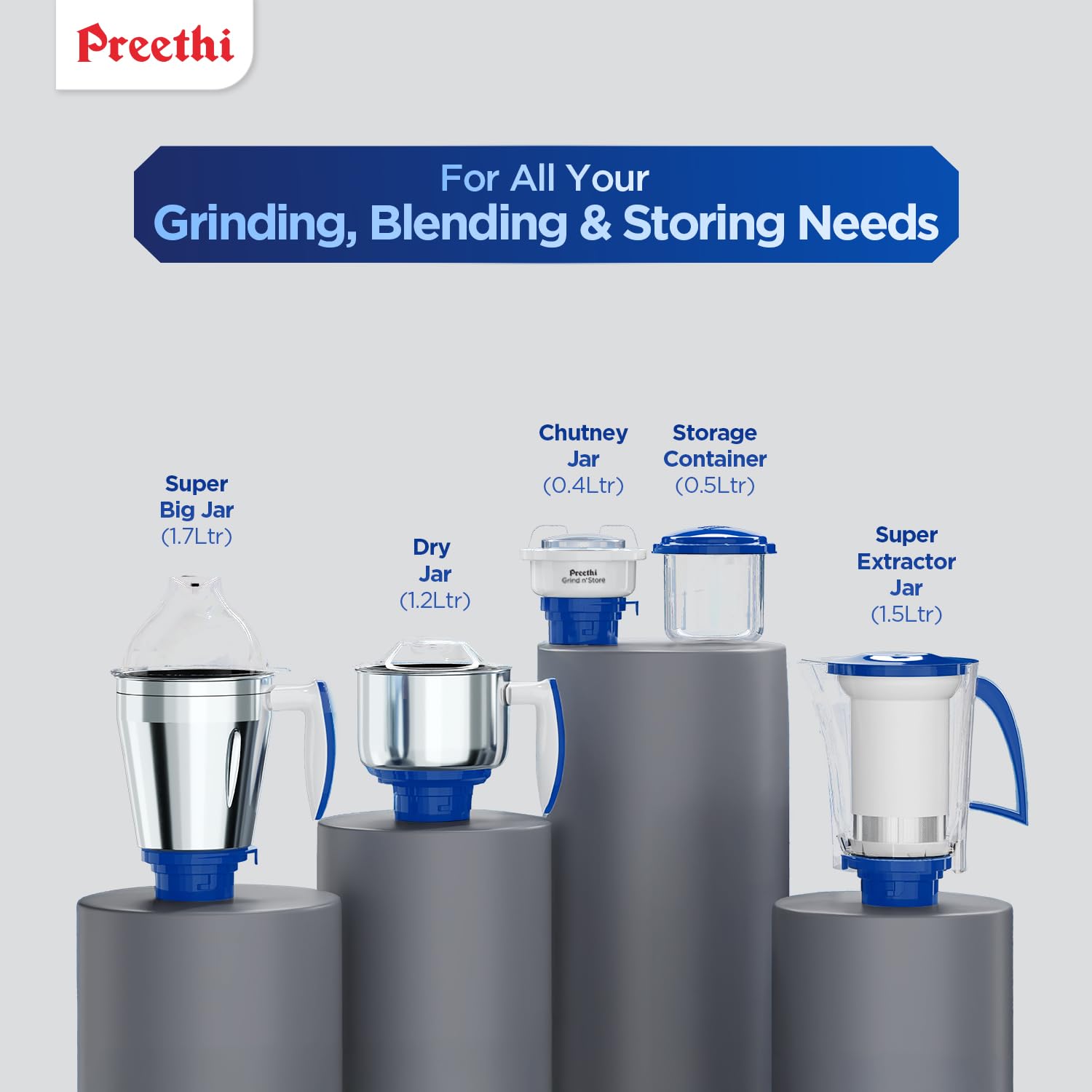 Preethi Blue Leaf Platinum MG 139 mixer grinder, 750 watt, White, 4 jars - Super Extractor juicer Jar & Storage Air-Tight Container, FBT motor with 5yr Warranty & Lifelong Free Service, Standard -PRE5781397