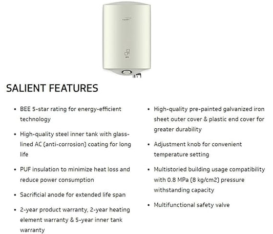 V-Guard Sieta 10 L Storage Water Heater with glass-lined AC (anti-corrosion) coating, White-SIETA 10 LTR
