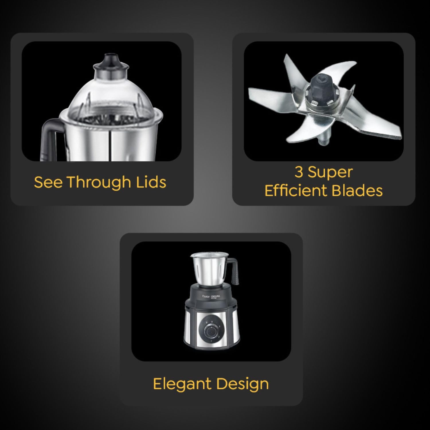 Prestige Endura 1000W Mixer Grinder with Ball Bearing Technology|Stainless Steel 3 Jars with Flow breakers|Overload protection|Black & Silver-42572