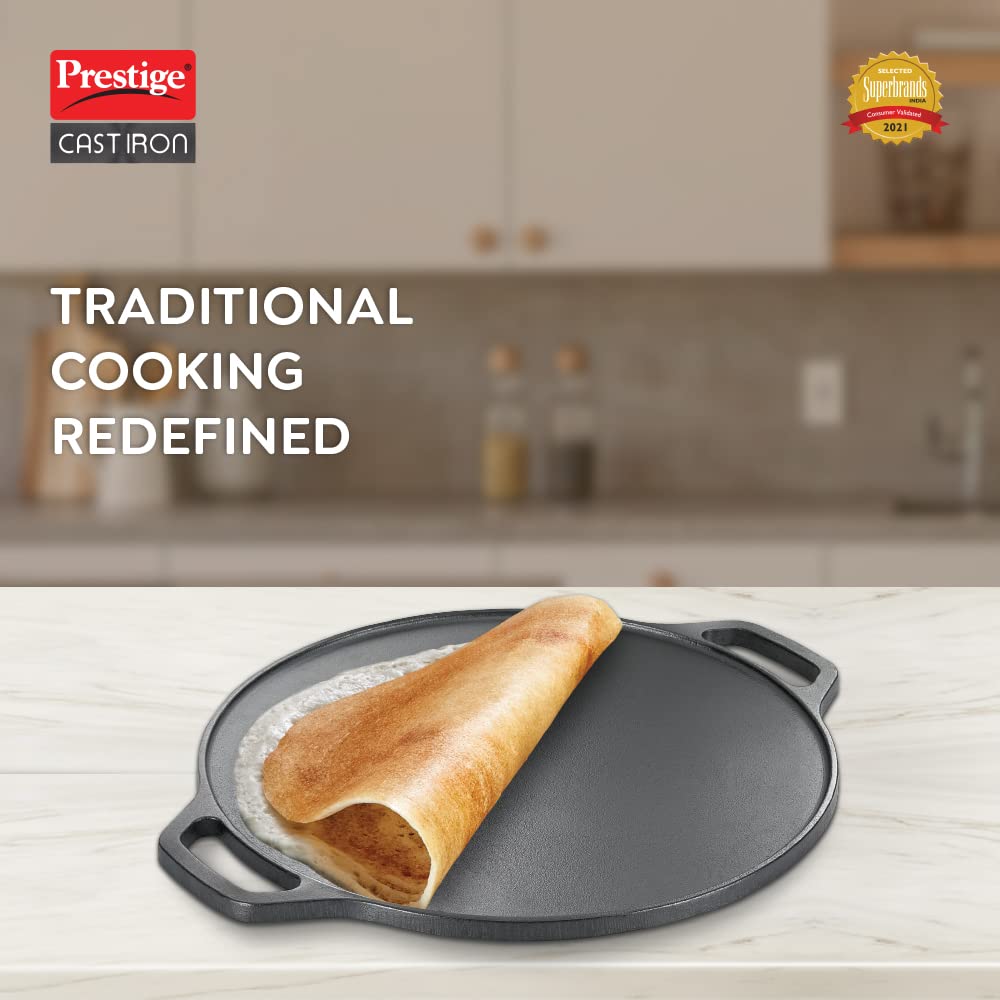 Prestige 30cm Cast Iron Round Base Dosa Tawa, Scratch Resistant, Induction Compatible, Naturally Non-Stick Heavy Duty Tawa, Perfect for Crispy Dosas, Rotis, and Pan-Searing- (30557, Black)