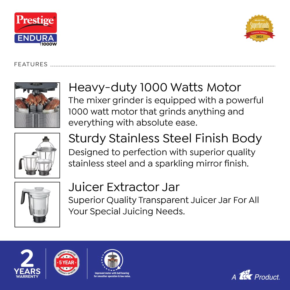 Prestige Endura 1000 W Juicer Mixer Grinder  (mixer | 4 Jars | Black, Silver)-42545