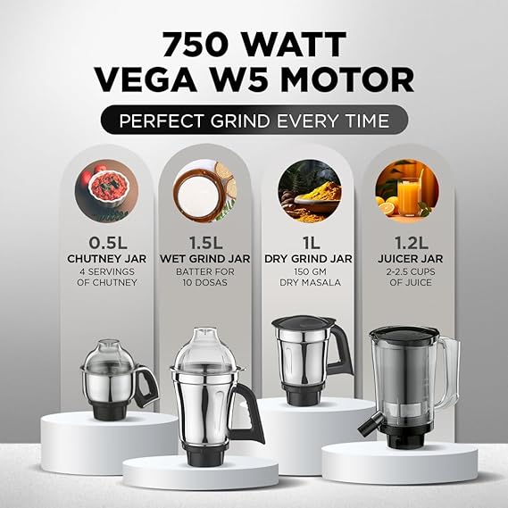 Preethi Zodiac Black Mixer Grinder for Kitchen, 5 Jars 750 Watt Mixie with Chutney Jar, Dry Grinding, Batter Grinding, Juicer & Masterchef Jar for chopping/grating (MG-261) -PRE5782615